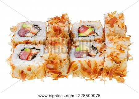 Sushi Roll With Raw Fish, Avocado And Shavings Tuna. Isolated On White Background. Japanese Cuisine.