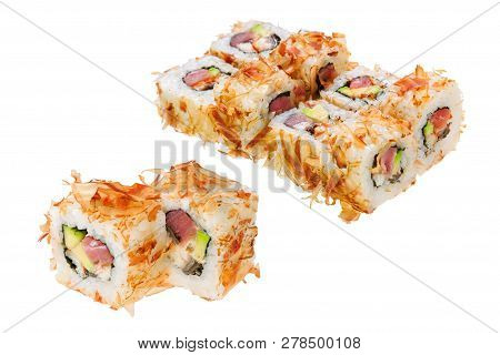 Sushi Roll With Raw Fish, Avocado And Shavings Tuna. Isolated On White Background. Japanese Cuisine.