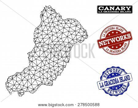 Black Mesh Vector Map Of La Graciosa Island Isolated On A White Background And Rubber Stamp Seals Fo
