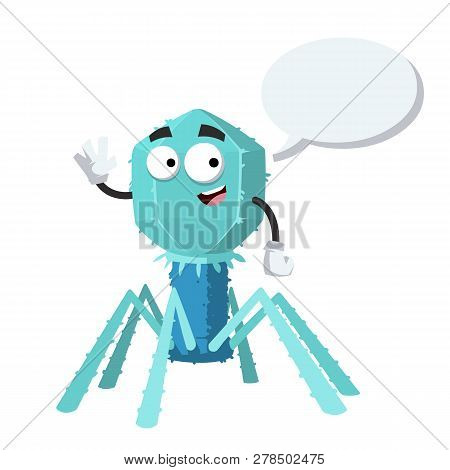 Cartoon Joyful Bacteriophage Cell Mascot With A Speech Bubble