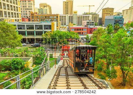 Los Angeles, California, United States - August 9, 2018: Tourists Take Famous Angels Flight, At The 