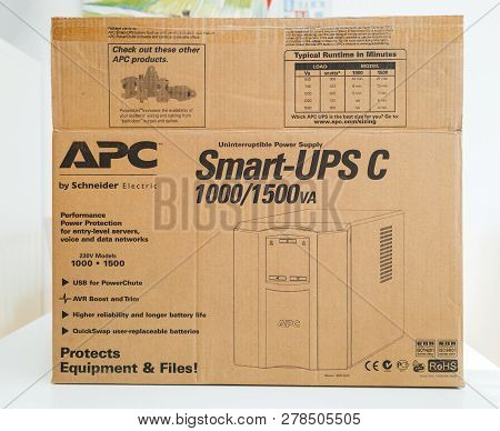 Paris, France - Mar 24, 2018: Front View Of Cardboard Box Of New Apc Smart-ups C 1000va Lcd 230v Ent