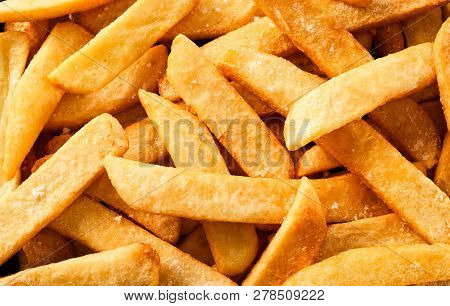 Flat Lay View Of Steak French Fried Pommes Or Chips