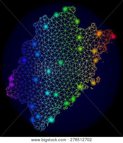 Glamour Mesh Vector Map Of Fujian Province With Glare Effect. Light Spots Have Bright Rainbow Colors
