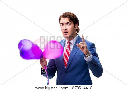 Elegant businessman with balloons isolated on white