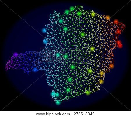 Bright Mesh Vector Map Of Minas Gerais State With Glare Effect. Light Spots Have Bright Rainbow Colo