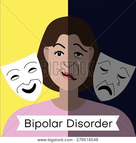Bipolar Disorder Concept. Young Woman With Double Face Expression And Theater Masks. Vector Illustra