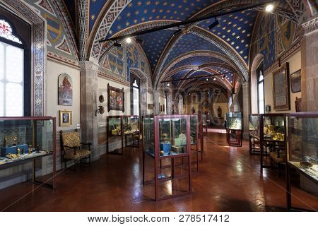 FLORENCE, ITALY - AUGUST 8, 2018: Interior of Palazzo del Bargello. Built in XIII century, this oldest public building in Florence was opened as a national museum in 1865