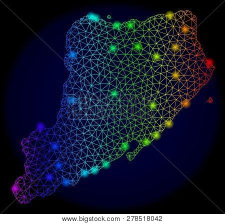 Bright Mesh Vector Map Of Staten Island With Glow Effect. Light Spots Have Bright Rainbow Colors. Ab