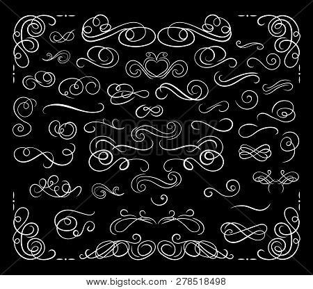 Vector Set Of White Calligraphic Design Elements Isolated On Black Background, Old Movie Decorations