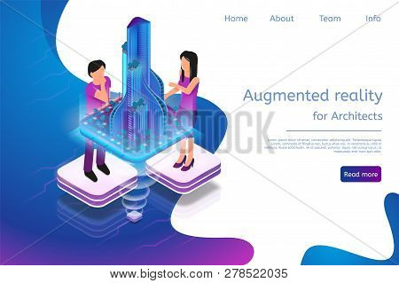Isometric Banner Augmented Reality For Architects. Vector Illustration Man And Woman Working Archite
