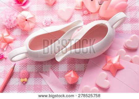 Cups Of Milk, Valentine's Day Holiday Celebration Background, Top View.