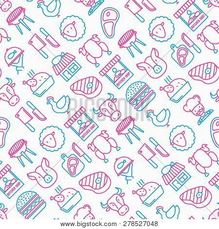 Butcher Shop Seamless Pattern With Thin Line Icons: Meat Steak, Beef, Pork, Mutton, Bbq, Chicken, Bu