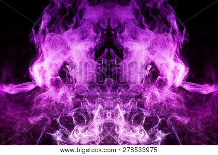 Pink Cloud Of Smoke Of  Black Isolated Background In The Form Of A Skull, Monster, Dragon On A Black