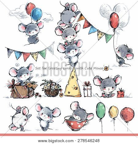 Cute Mice Illustration. Funny Cartoon Mouse. Birthday Card