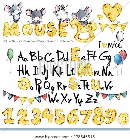 Cute Mice Illustration. Cartoon Kids Alphabet. Hand Drawn Font Design. Funny Mouse.