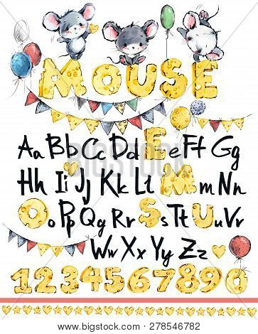 Cute Mice Illustration. Cartoon Kids Alphabet. Hand Drawn Font Design. Funny Mouse.