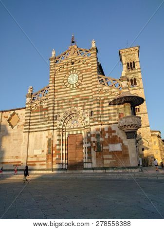 Saint Stephen's Cathedral Or Duomo Di Prato At Sunset Light, Tuscany, Italy.
