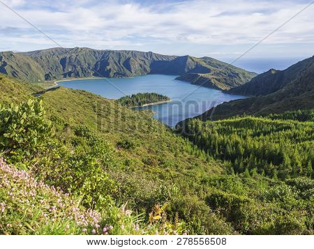View On Beautiful Blue Crater Lake Lagoa Do Fogo From Viewpoint Miradouro Da Barrosa. Lake Of Fire I