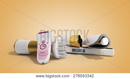 Set Of Equipment For Hair Care Hair Dryer Epilator Curling Iron Hair Straightener 3d Render On Gold 