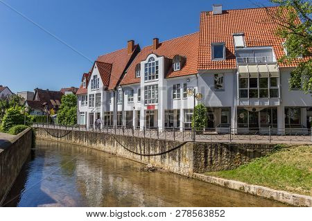 Bad Salzuflen, Germany - May 07, 2018: Canal And Shops In The Center Of Bad Salzuflen, Germany