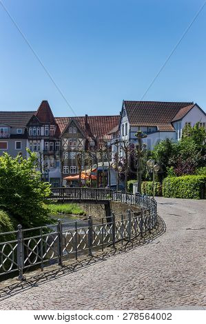 Bad Salzuflen, Germany - May 07, 2018: Cobblestoned Street Along The Canal In Historic Bad Salzuflen