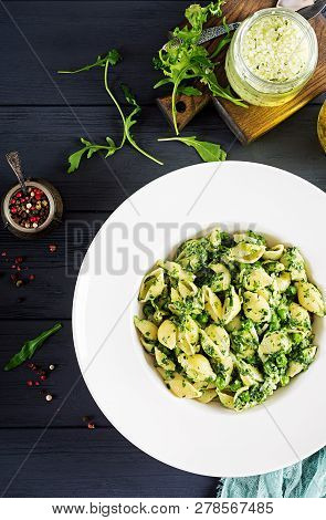 Conchiglie Pasta With Spinach And Green Pea Pesto. Italian Cuisine. Vegan Food. Top View