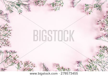 Flowers Composition. Frame Made Of Pink Flowers On Pastel Pink Background. Valentine's Day, Mother's