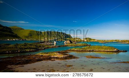 Landscape Panoramic View To Fredvang Bridge, Torvoya And Buoya Islands And Hovdanvika Bay At Lofoten