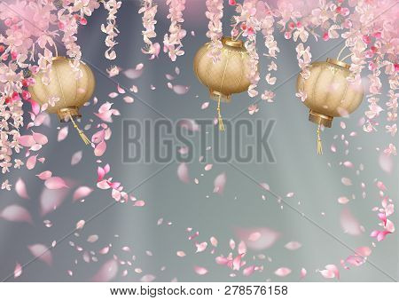 Traditional Spring Festival Background With Flying Petals And Silk Lanterns. Flowers And Petals In T