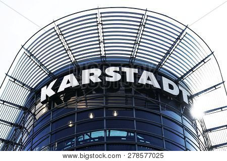 Hannover, Germany - August 2, 2018: Karstadt Department Store Logo On Building Facade In Downtown Ha