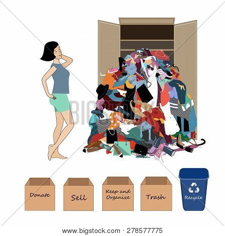 Vector Illustration With A A Woman And A Big Messy Pile Of Useless, Old, Cheap, And Oumoded Cothes. 