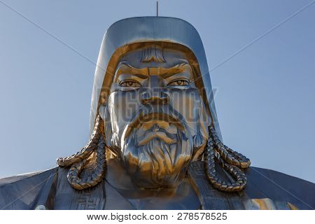 Tsonjin Boldog, Mongolia - September 14, 2018: The Giant Genghis Khan Equestrian Statue. Head Of Gen