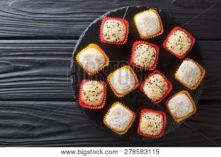 Traditional Asian Mochi Dessert With Bean Paste Close-up. Horizontal Top View