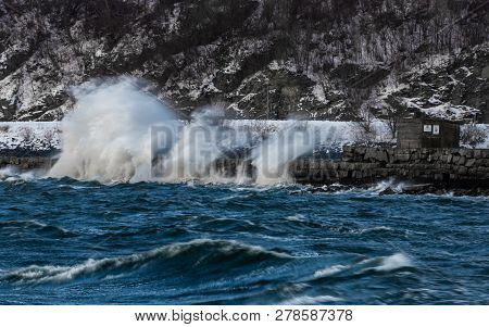 Breaking Waves During Stormy Day In Trondheim, Norway.
