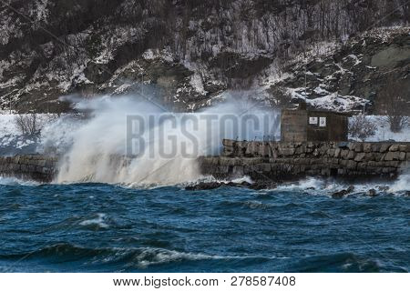 Breaking Waves During Stormy Day In Trondheim, Norway.