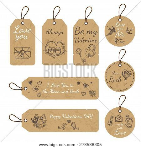 Stickers For A Gift For Valentines Day. V Day Gift Tags With Hand Drawing Elements. Vector Illustrat