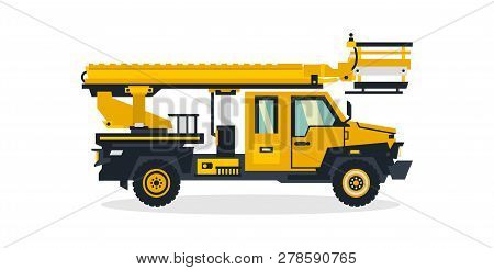 Autotower, Commercial Transport, Construction Equipment. Truck With A Rising Tower. Vector Illustrat