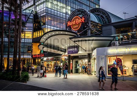 23rd December 2018, Sydney Australia: Night View Of Hard Rock Cafe In Harbourside Shopping Centre Da