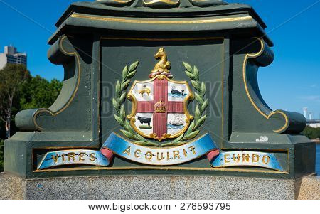 Melbourne City Coat Of Arms And Latin Motto Vires Acquirit Eundo On Princes Bridge In Victoria Austr