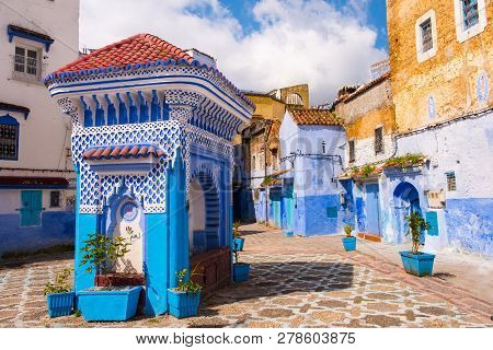 Public Fountain Of The Plaza El Hauta, Square In Medina Of Chefchaouen, Morocco