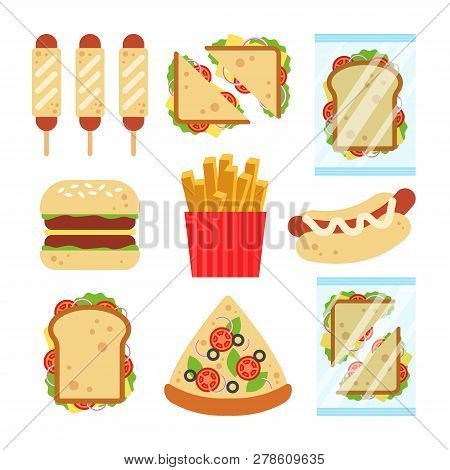 Fast Food Set For Luncheonette Menu Design. Unhealthy Street Food Isolated On White Background, Hamb