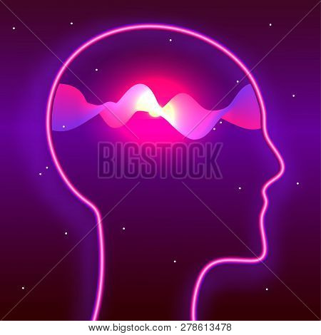 Human Head And Glowing Waves Inside. Mindfulness, Brain Power, Meditation Concept. Biohacking, Neuro