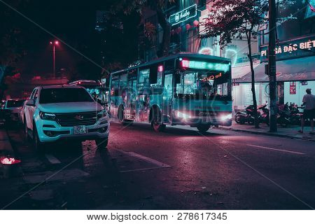 Hanoi, Vietnam - December 07, 2018: Hanoi City Center Old Town District At Night. Retro Wave Filter 