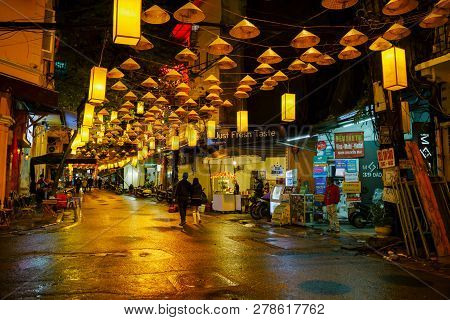 Hanoi, Vietnam - December 08, 2018: Hanoi City Center Street Old Town District At Night