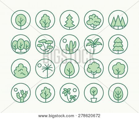 Trees, Plants Freen Line Icon. Vector Illustration Flat Style. Included Icons As Fir Tree, Palm Park