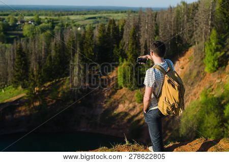 Handsome Man Shooting Selfie In The Nautre. Hiking Trip. Mountaineering Moments. Shooting Beautiful 