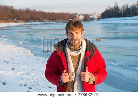 Clothes For Winter Walks. Hipster Winter Warm Outfit. Guy Wear Jacket With Hood On Frosty Winter Day