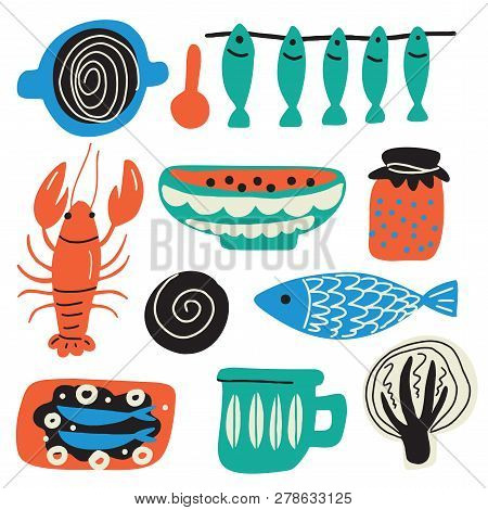 Scandinavian Food Concept. Hand Drawn Illustration, Made In Vector. Crayfish, Bowl, Fish, Cabbage, J