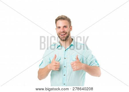 Highly Recommend. Guy Shows Thumbs Up Gesture. Man Confidently Highly Recommend White Background. Gu